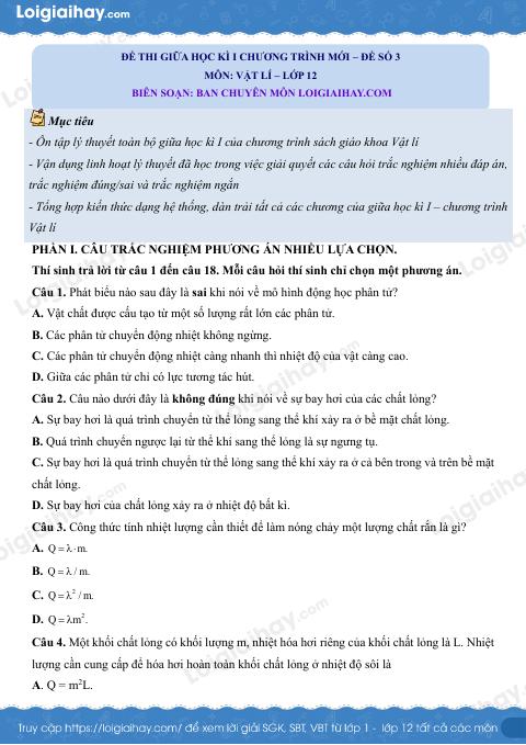 Đề thi giữa học kì 1 Vật lí 12 Chân trời sáng tạo - Đề số 3